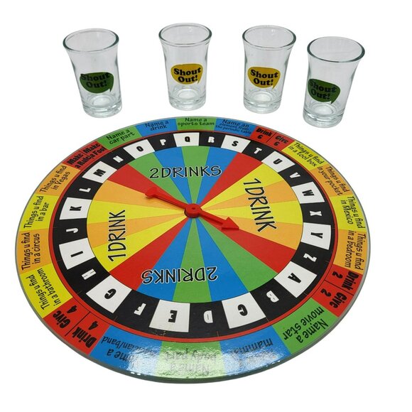 Shout Out! Drinking Board Game Night Set Glass Spin Wheel & Four Shot Glasses - Picture 2 of 16